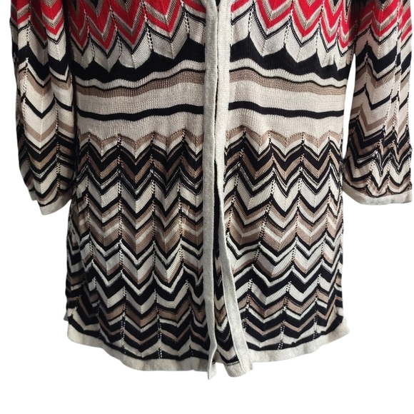 White House Black Market Black White Red Chevron Knit Sweater Cardigan Boho Sz L - Picture 5 of 10
